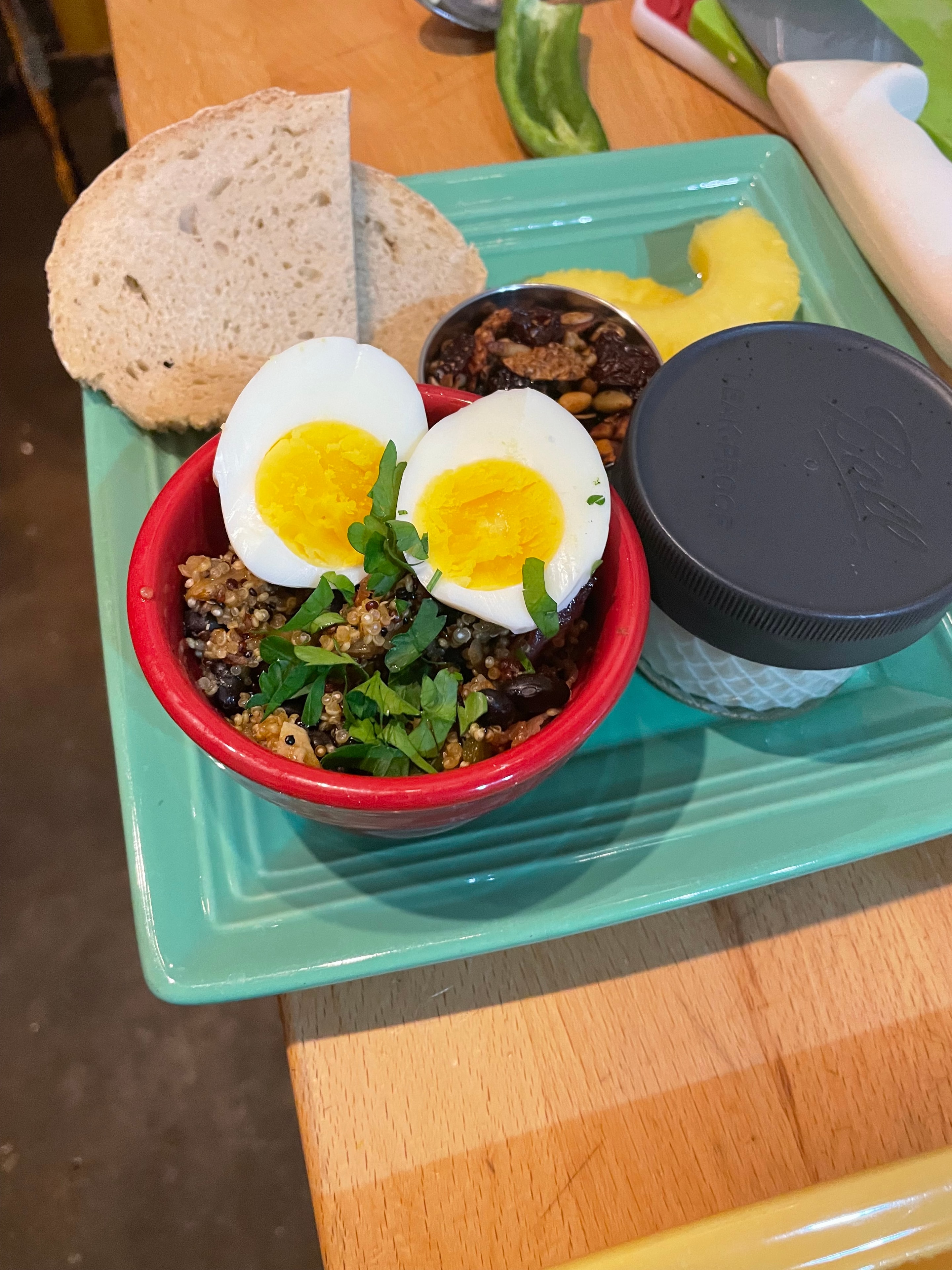 Quinoa bowl with soft boiled egg